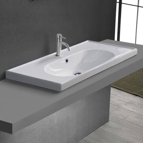 Drop In Bathroom Sink, White Ceramic, Modern CeraStyle 043300-U/D